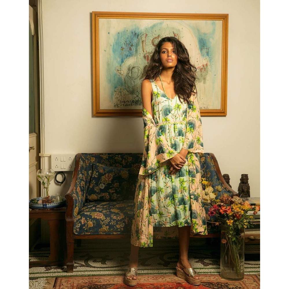 Verandah Mint Champa Peacock Print Dress Sleeveless Tiered Summer Resort L‎